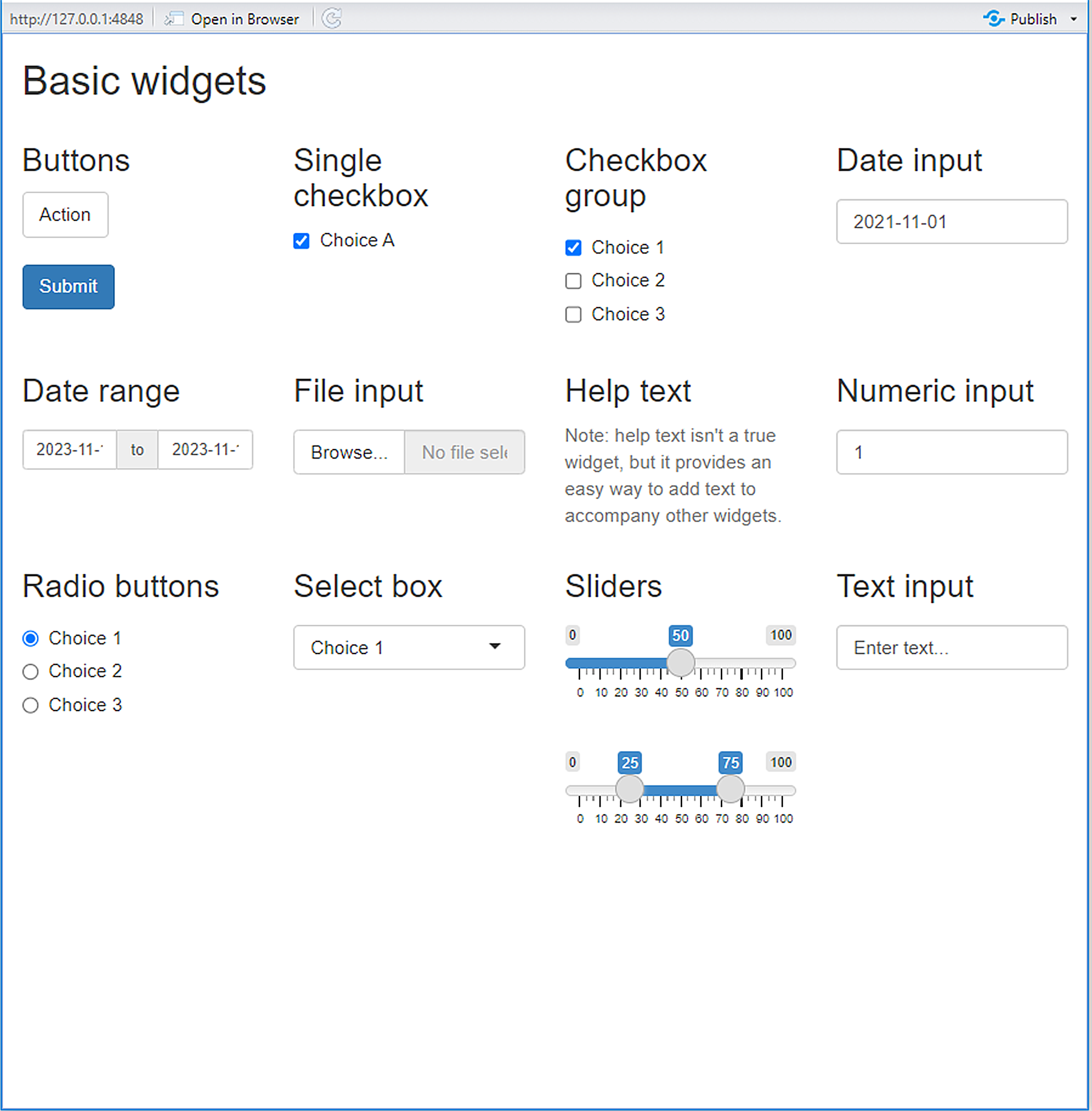 A variety of *shiny* input widgets and operations that can be specified in the `ui`. By row, the figure depicts widgets generated by the functions: `actionButton()`, `submitButton()`, `checkboxInput`, `checkboxGroupInput()`, `dateInput()`, `dateRangeInput()`, `fileInput()`, `helpText()`, `numericInput()`, `radioButtons()`, `selectInput()`, `sliderInput()`, and `textInput()`. Also see Table \@ref(tab:uii).