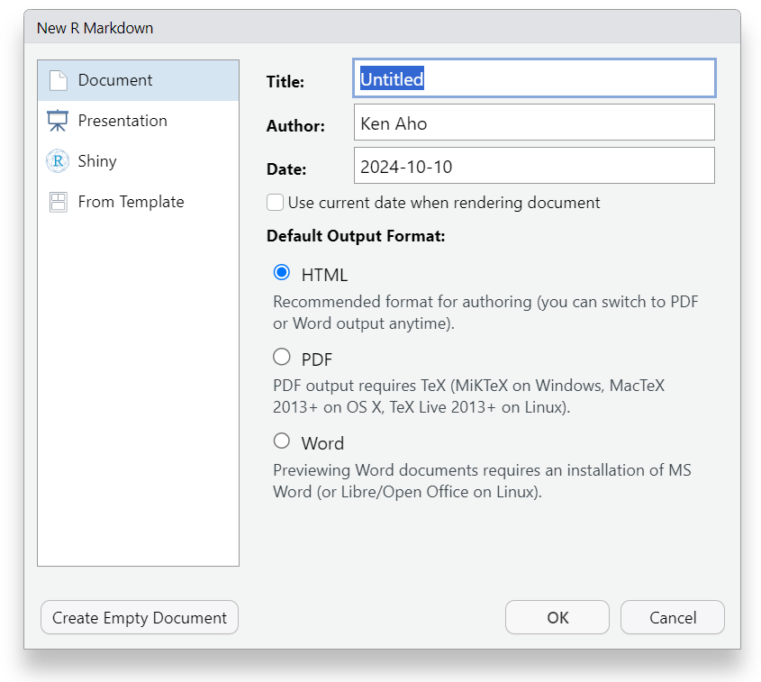 RStudio GUI for creating an **R** Markdown document.