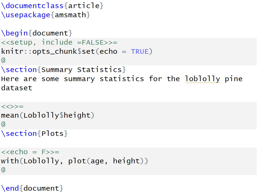 A Sweave (.rnw) file with documentation text and interspersed code in chunks.