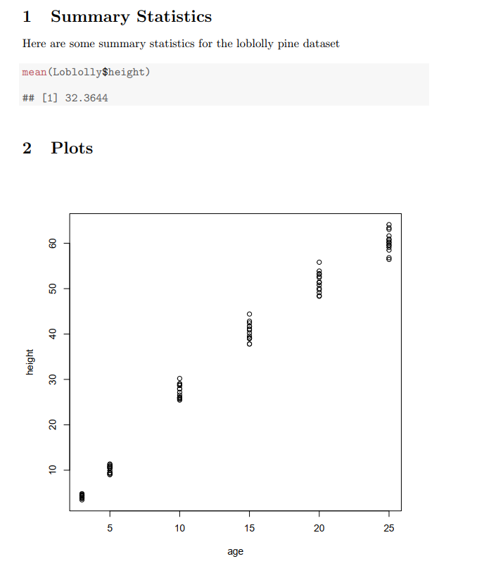 A .pdf document resulting from compilation of Sweave code in the previous figure.