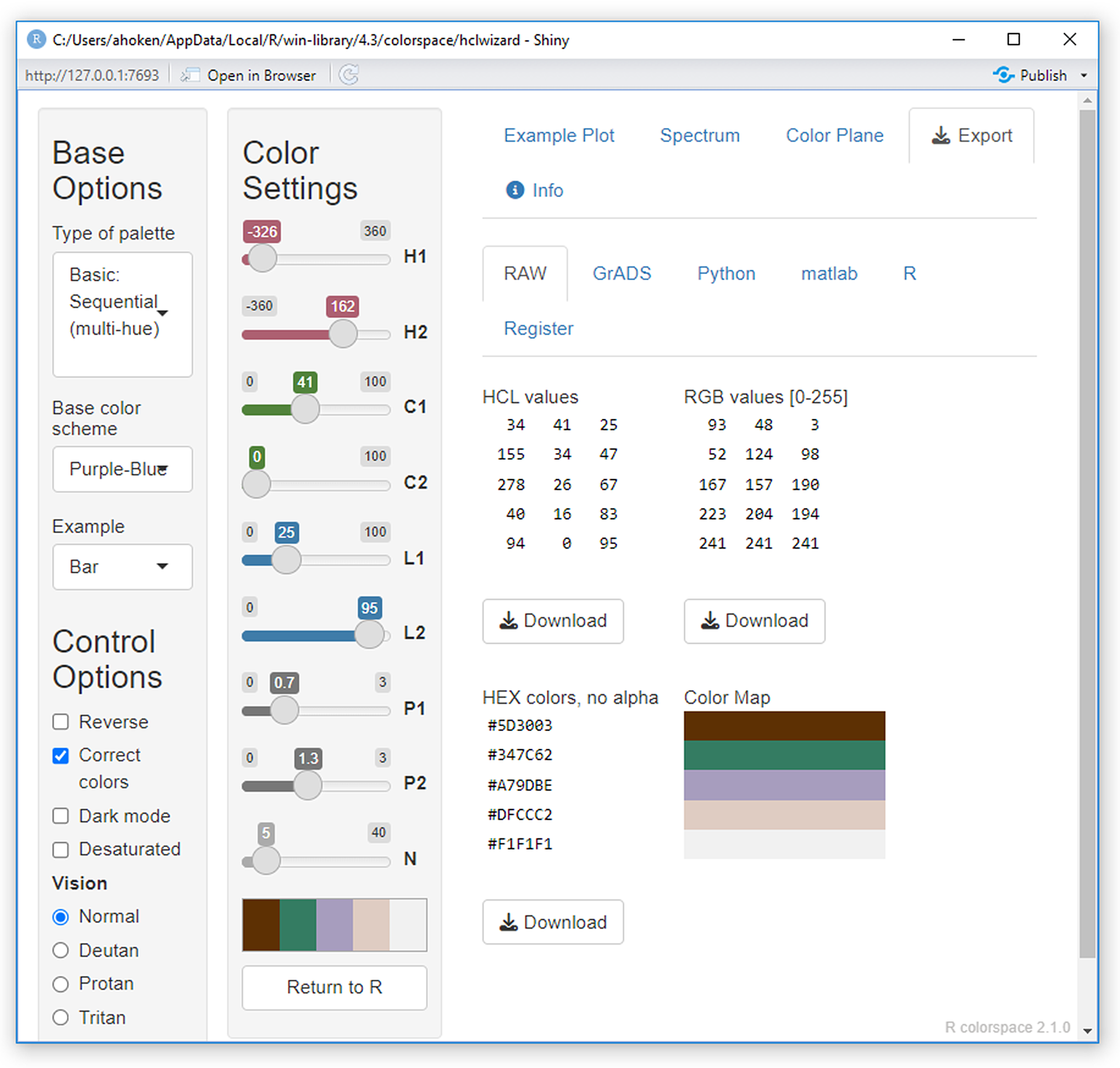 A GUI for constructed customized palettes generating by the function `colorspace::hclwizard()`.