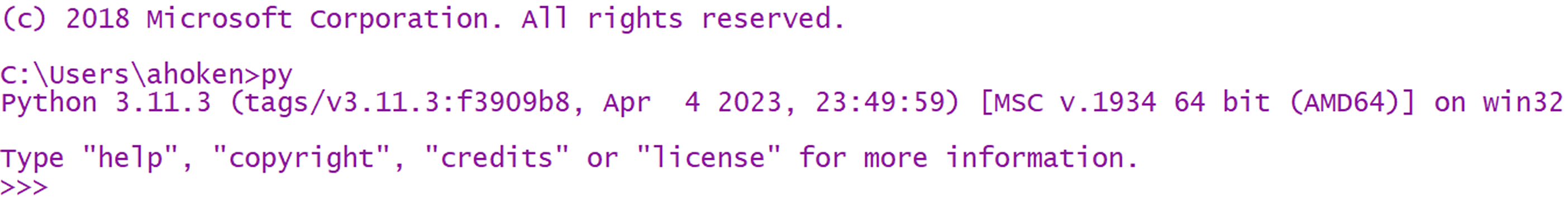 The Python command line interface in Windows.